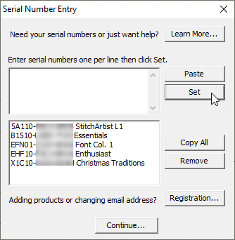 Adding your serial numbers